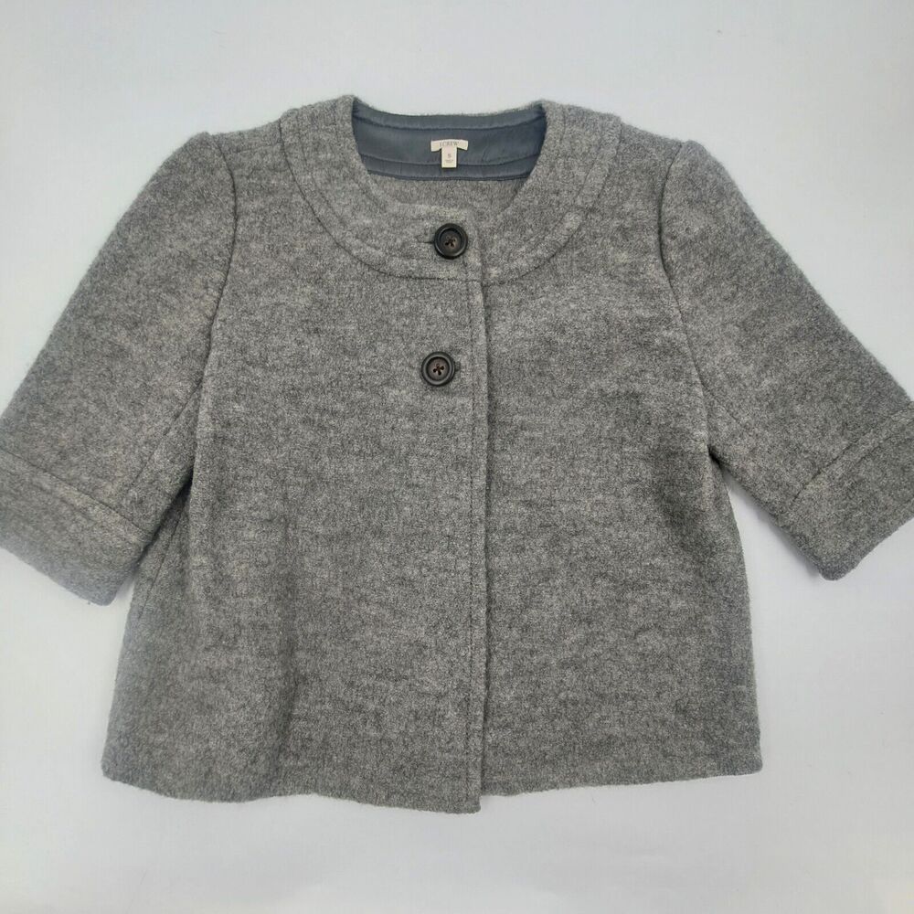 J Crew Gray 100% Wool Jacket Women Small 3/4 Sleeves 2 Buttons
